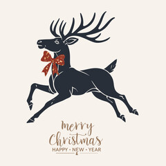 Christmas Deer with Red Bow. Happy New Year Background Design. Winter Holiday Print. Xmas Design with Cute Deer. Vector Illustration