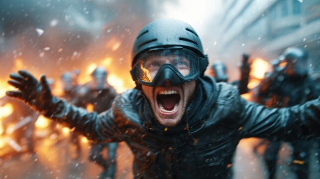 A tense moment captured in a chaotic protest scene, featuring individuals expressing their frustration amid flames, representing the emotion and intensity of civil unrest.