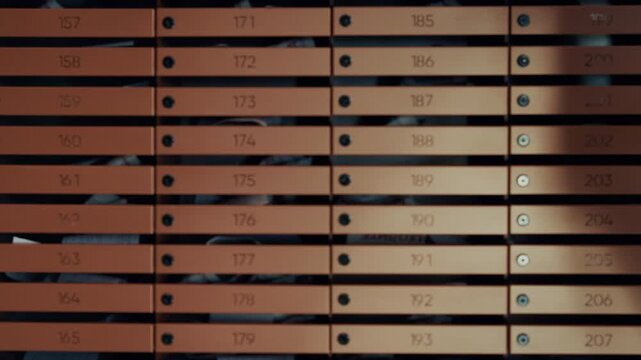 Courier walking with a parcel through a modern residential building's mailroom