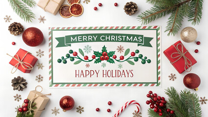 Merry Christmas and Happy Holidays greeting card, frame, border, banner. New Year. Red green Christmas decoration, ornaments and gifts, presents on white background. Xmas holiday festive theme.