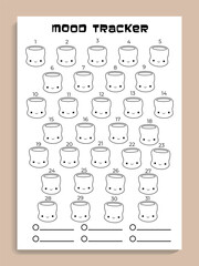 Mood tracking page with funny marshmallows, cute vector monthly planner with characters