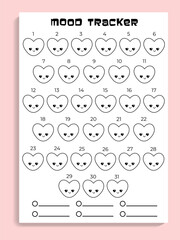 Mood tracking page with funny kawaii hearts, cute vector health planner
