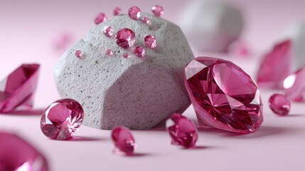 A close-up of pink gemstones surrounding a grey rock, creating an elegant contrast, Ideal for use in jewelry ads, fashion magazines, or luxury branding materials,