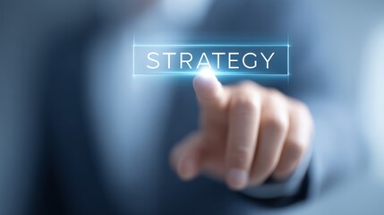 Fototapeta premium A business professional, dressed in formal attire, points towards a glowing word that reads strategy in a blurred, modern environment. This moment captures the essence of planning and focus