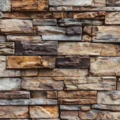 Texture of a modern stacked stone wall featuring various shades of brown, grey, and tan rocks creating a rustic architectural background.