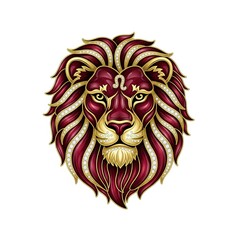 Luxury Leo Zodiac Sign Illustration in Gold and Burgundy Enamel | Majestic Lion Head Jewelry Brooch with Diamond Accents Isolated on White Background