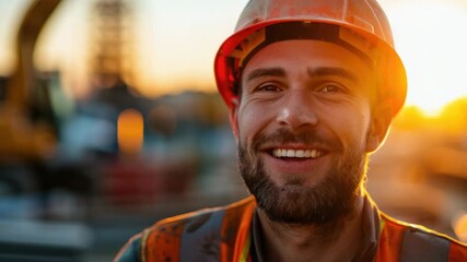 A worker wearing a hard hat and orange vest stands on a construction site - Powered by Adobe