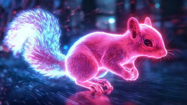 A futuristic neon squirrel with glowing accents scurries through a digital landscape. The city lights highlight its sleek, metallic fur and dynamic movements.