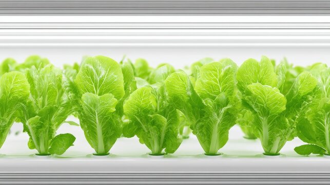 Fresh green lettuce rows thriving under bright lighting, showcasing a vibrant indoor garden ideal for showcasing sustainable agriculture, healthy eating, and hydroponic systems,