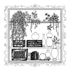 Fine-line botanical shelf illustration featuring cascading plants with delicate green leaves and vibrant colorful flowers, accompanied by worn wooden storage boxes with intricate carvings, and symmetr