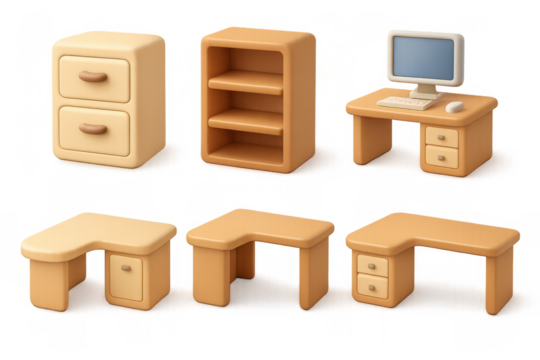 Modern office furniture icon set featuring desks, shelves, and computer for design projects