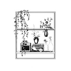 Fine-line botanical shelf illustration featuring cascading plants with delicate green leaves and vibrant colorful flowers, accompanied by worn wooden storage boxes with intricate carvings, and symmetr