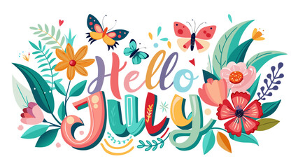 Vector illustration of “Hello July” hand lettering surrounded by vintage floral elements, blooming flowers, soft leaves, and playful butterflies