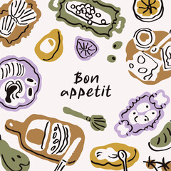 Naklejka premium Bon Appetit, square post card, handdrawn kitchen background design. Doodle-style frame with sketch food and Italian snack drawings, Apetit quote, typography. Hand-drawn vector illustration