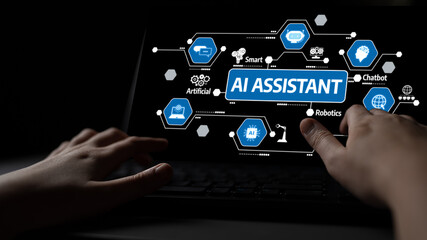 A close-up view of hands interacting with a laptop screen that showcases a digital display of AI assistant concepts in a dark environment, emphasizing modern technology. Tessel