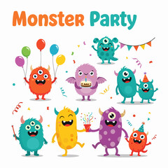 Fototapeta premium Cute cartoon vector monster icons in a flat style. Handdrawn stickers. Color baby cliparts. Big set of isolated halloween characters.