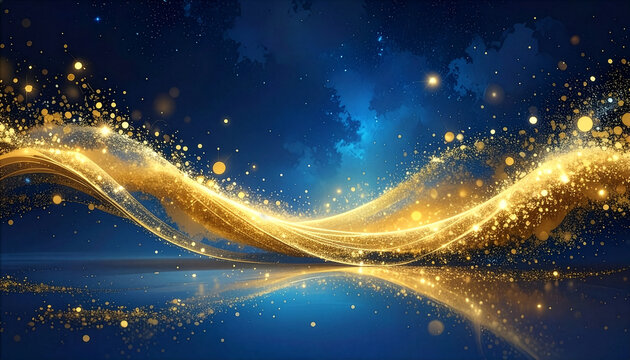 Glow gold particles light and deep blue tone background - Powered by Adobe
