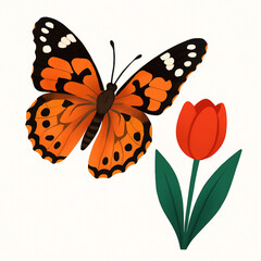 Minimalist and vibrant vector collection of different butterfly species sitting on spring and summer flowers. Flat design for digital projects, greeting cards, and nature-themed graphics.