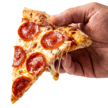 Hand holding pizza slice isolated white background png transparent cutout pepperoni cheese fast food italian meal delicious lunch snack hot crust eating tasty junk food studio shot close up greasy 