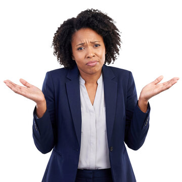 Confused black woman shrugging shoulders isolated white background png transparent cutout doubt ignorance african american female professional question unsure corporate gesture studio shot person 
