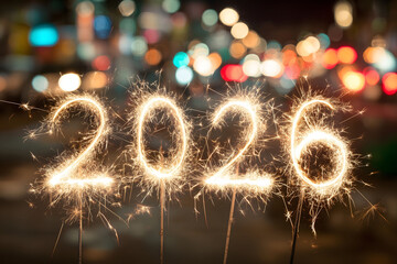 Sparklers form 2026,illuminating the night with bright sparks against a blurred,colorful background celebreating th New Year.