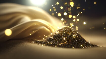 A close-up of shimmering gold dust atop soft fabric, illuminated by soft light, creating an enchanting atmosphere, Ideal for luxury, elegance, or celebration themes in marketing and design,