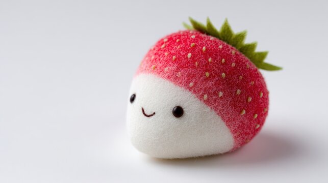 A cute, plush strawberry character with a smiling face, perfect for children's products, educational materials, or playful branding in various creative projects,