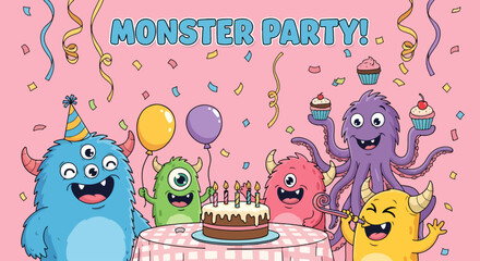 Monster party text vector design. Birthday celebration with cute, funny and smiling mascot creature. Vector illustration monster cartoon birthday decoration. 