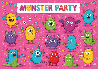 Monster party text vector design. Birthday celebration with cute, funny and smiling mascot creature. Vector illustration monster cartoon birthday decoration. 