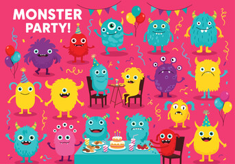 Monster kids party vector design. Birthday kids party text with mascot, cartoon and cute creature characters. Vector illustration birthday celebration background.
