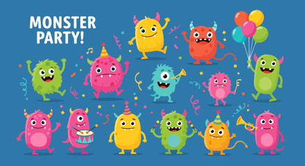 Monster party character vector design. Birthday kids party monster, mascot and cute creature for children costume and mascot. Vector illustration greeting card  template.