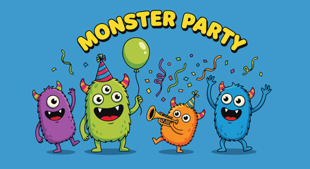Monster party character vector design. Birthday kids party monster, mascot and cute creature for children costume and mascot. Vector illustration greeting card  template.