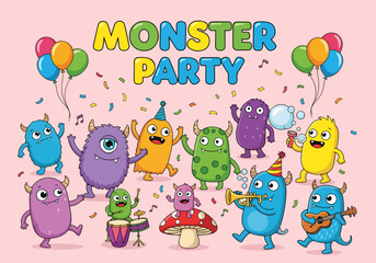 Monster party character vector design. Birthday kids party monster, mascot and cute creature for children costume and mascot. Vector illustration greeting card  template.