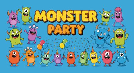 Halloween monster kids party vector banner design. Halloween monster kids party text with cute and happy cartoon characters for seasonal invitation card. Vector illustration holidays banner template.

