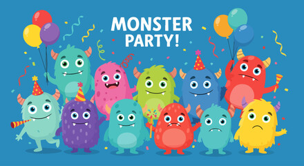 Halloween monster kids party vector banner design. Halloween monster kids party text with cute and happy cartoon characters for seasonal invitation card. Vector illustration holidays banner template.
