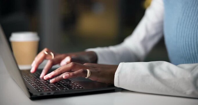 Hands, woman and laptop in office at night for research, editing article and draft update. Journalist, typing and pc to email editor, proofreading and newsletter submission for publication deadline
