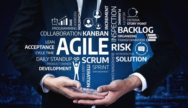 A business professional showcases key concepts of agile methodology including Scrum, Kanban, and risk management, emphasizing collaboration and continuous improvement. Tessel