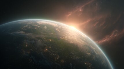 Bright sunrise illuminates the planet Earth from a distance in outer space