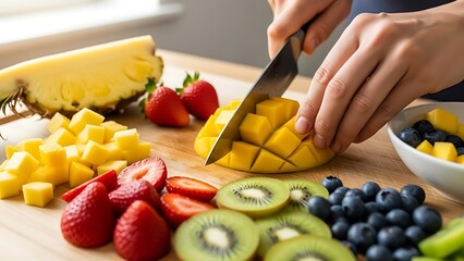 Preparing Fresh Fruits for Healthy Eating on Cutting Board
