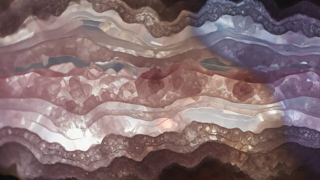 Abstract closeup of a backlit amethyst geode slice with wavy layers and crystals