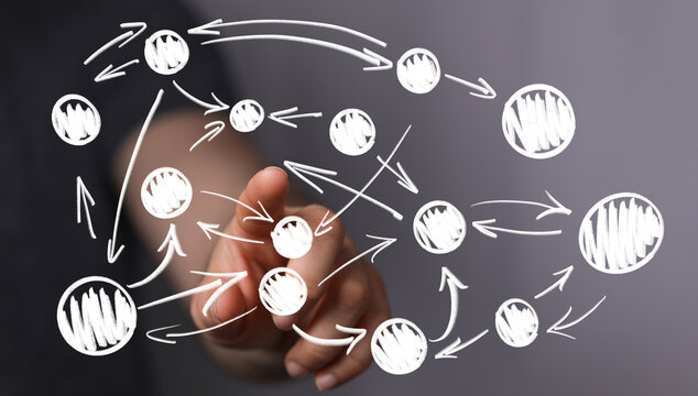 A hand interacts with a virtual network flowchart, symbolizing data flow, connections, and strategic planning in business, technology, and commu