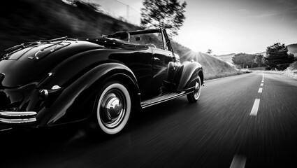 Timeless black and white classic luxury convertible speeding on a scenic winding road at sunset. Embodying elegance, freedom, and vintage style, perfect for themes of travel, adventure, and nostalgia.