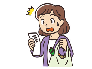 レシートを見て金額に驚く主婦のイラスト