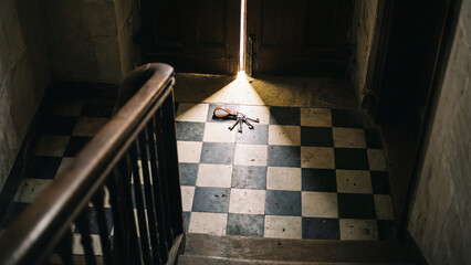 Top view of an old staircase with a checkered floor. A bright beam of light from the half-open door illuminates a bunch of keys on the landing.