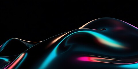 Black dark abstract background. Iridescent fluid glass wave. Smooth curve transition. Rainbow light flare. Bright glow shimmer. Neon metallic futuristic blur texture Holographic liquid shape 3D render