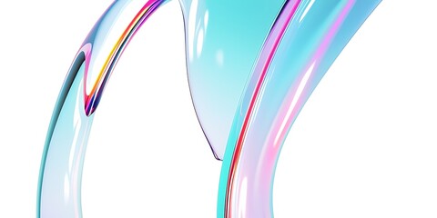 White clean abstract background with fluid iridescent glass ribbons. Soft cyan–pink prism shine, smooth liquid curves, holographic reflections, luminous pastel glow, elegant futuristic 3D shape