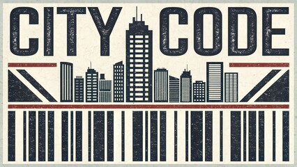 Urban cityscape with barcode design showcasing city code for modern branding and innovative business concepts, ideal for tech startups and global ventures