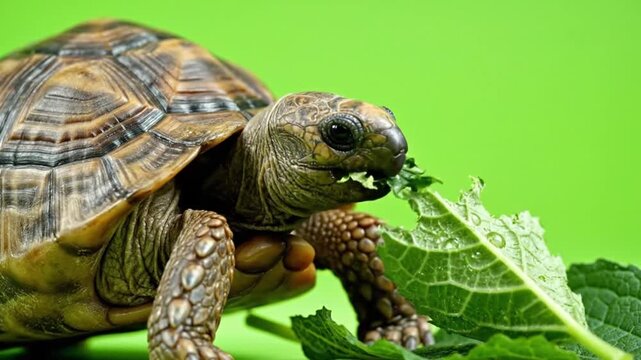 Baby tortoise eating a leaf on a green background close-up.