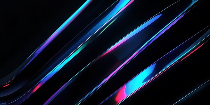 Black background with sharp neon prism streaks in red, blue, violet, pink, and white. Abstract minimalist 3D glass shapes. Light beam reflection, color gradient, metallic glow, iridescent shine