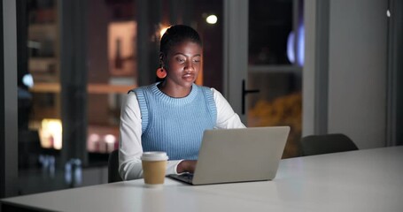 Night, reading or black woman with laptop in office, review market or track investment performance. Late research, forecasting or finance analyst with pc for stock strategy, trend prediction or bokeh - Powered by Adobe
